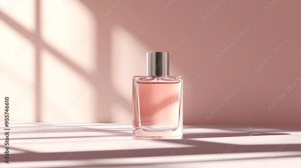 Glass Perfume Bottle on a Pink Surface with Light Streaks Glass Perfume Bottle on a Pink Surface with Light Streaks