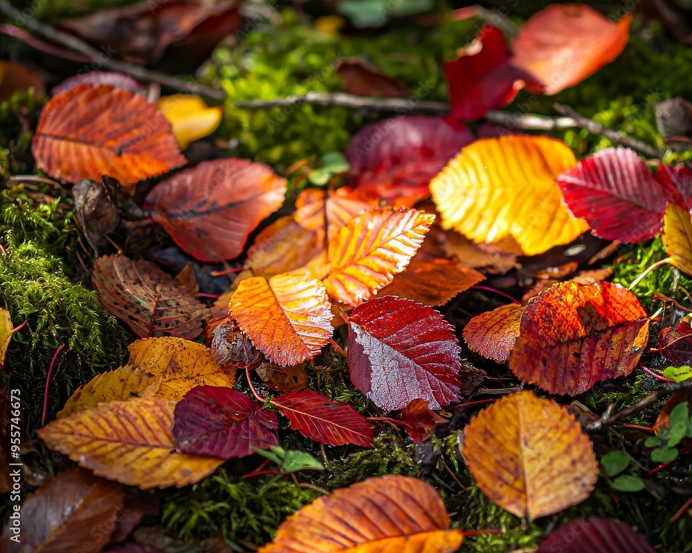 Fototapeta premium Colorful Autumn Leaves on Mossy Forest Floor