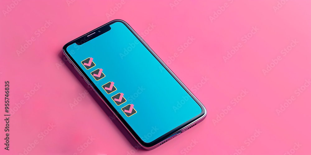 Fototapeta premium A phone with a pink background and a blue screen with a checklist