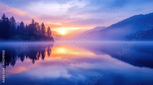 Wallpaper Mural Peaceful sunrise over a misty lake. This image evokes a sense of tranquility and calmness, perfect for nature-themed projects. Torontodigital.ca