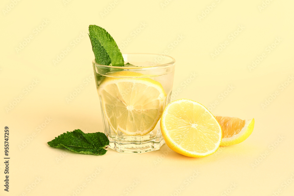 Fototapeta premium Glass of tasty mojito and lemon on color background