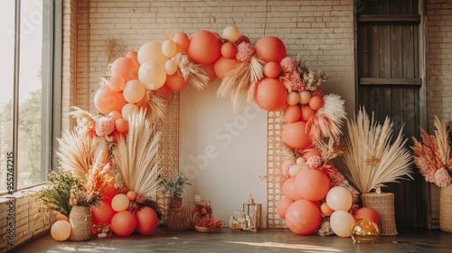 Boho Chic Balloon Garland with Pampas Grass and Woven Accents for Stylish Event Decor photo