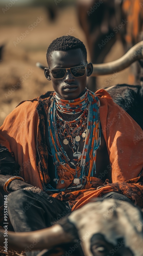 A striking portrait of a young Masai tribesman adorned with traditional bead necklaces and wearing sunglasses. A striking portrait of a young Masai tribesman adorned with traditional bead necklaces and wearing sunglasses.