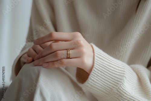 Close-up of a hand wearing a gold band ring, with a soft beige sweater, showcasing minimalist elegance and simplicity.