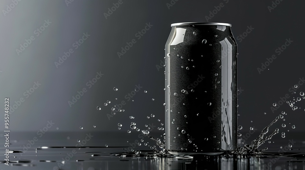 Black Aluminum Can with Water Droplets and Splash Black Aluminum Can with Water Droplets and Splash