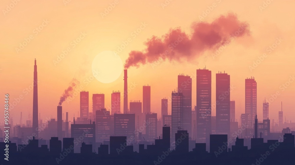 Fototapeta premium Sunset Over Urban Skyline with Smoke