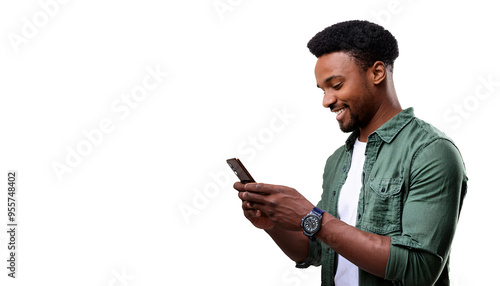 Handsome, smiling young black African-American man viewed from the side looking at his phone portrait, isolated on transparent background DEI DEIB