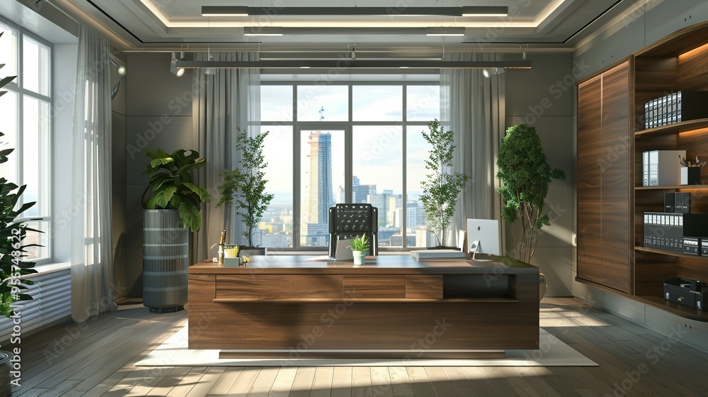 Modern Office Interior with City View and Wooden Desk Modern Office Interior with City View and Wooden Desk