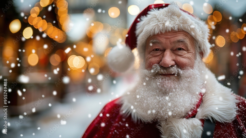 A joyful Santa Claus stands in a snowy village adorned with festive lights during a cheerful winter celebration A joyful Santa Claus stands in a snowy village adorned with festive lights during a cheerful winter celebration