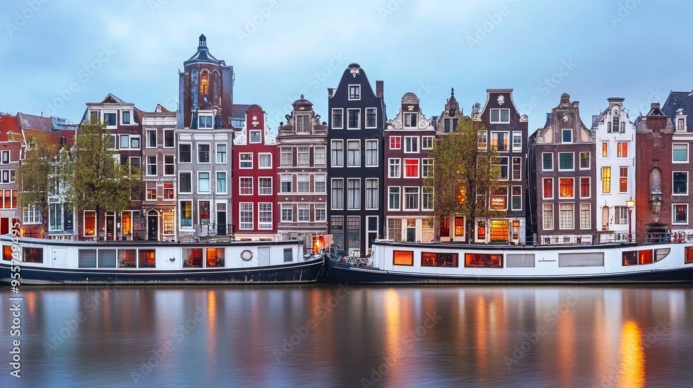 Obraz premium Reflections of Amsterdam: Iconic Canal Houses at Dusk
