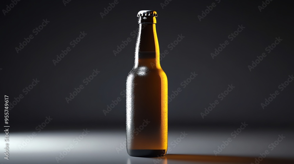 Single Glass Beer Bottle with Condensation on Gray Surface Single Glass Beer Bottle with Condensation on Gray Surface