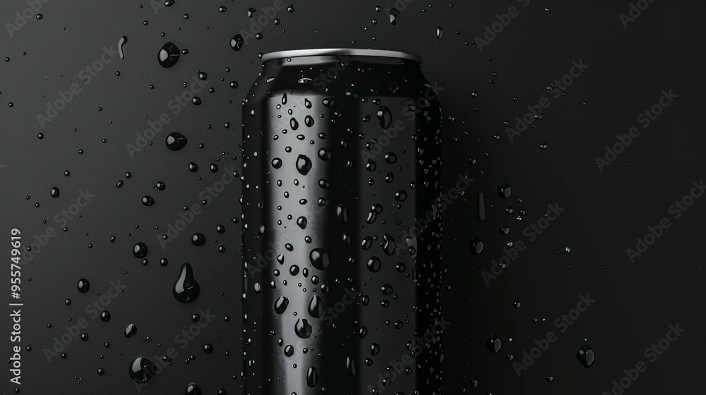 Black Aluminum Can with Water Droplets on a Black Background Black Aluminum Can with Water Droplets on a Black Background