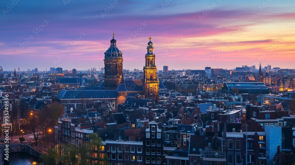 Obraz premium Sunset Over Amsterdam Skyline