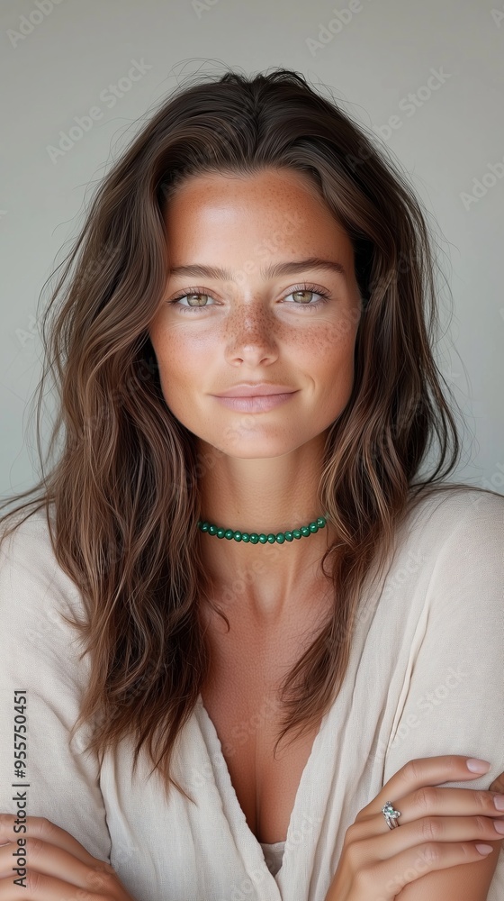 A close-up portrait of a smiling woman with long brown hair, wearing a green necklace and beige top. A close-up portrait of a smiling woman with long brown hair, wearing a green necklace and beige top.