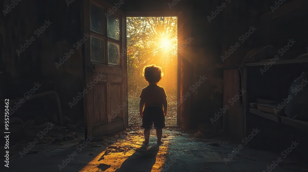 a child stands in shadows illuminated by a sliver of light from an open doorway evoking mystery and curiosity chiaroscuro effect emphasizes contrast between darkness and hope a child stands in shadows illuminated by a sliver of light from an open doorway evoking mystery and curiosity chiaroscuro effect emphasizes contrast between darkness and hope