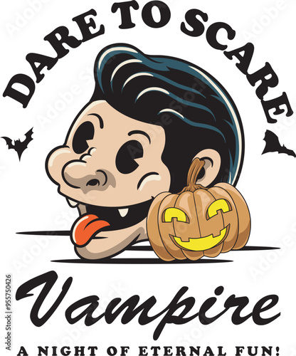 halloween character funny vampire head with pumpkin for badge and label sticker, banner, patch, greeting card, t-shirt and invitation in a cartoon retro groove style vector illustration