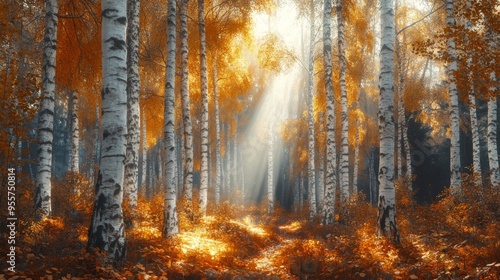 Sunbeams Through Birch Trees in Autumn Forest