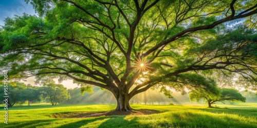 1. Capture a serene Bole tree landscape with morning sunlight filtering through its delicate branches, showcasing its vibrant green leaves and hinting at a sense of tranquility, PEACEFUL.