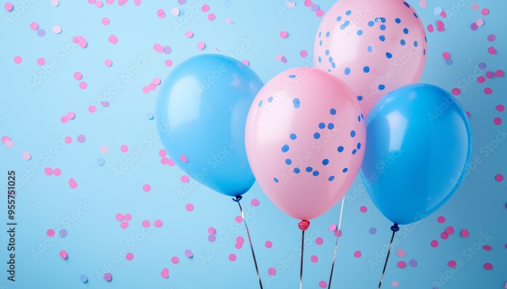 Bright blue and pink balloons with confetti dots, set against a pastel blue background, creating a festive atmosphere. Bright blue and pink balloons with confetti dots, set against a pastel blue background, creating a festive atmosphere.