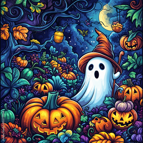 Pumpkin Ghost Colorful Halloween Illustration