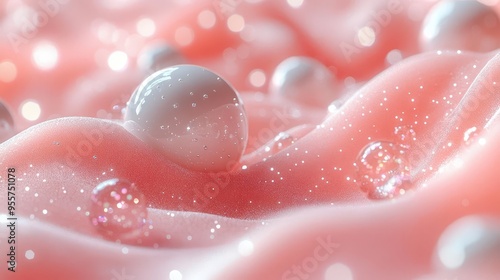 abstract 3d render of peach and white spheres with divots soft gradient background ethereal sateen texture with glitter speckles