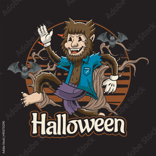 Happy Halloween Werewolf Wolf Man in Forest Graveyard Night with Bat for badge and label sticker, banner, patch, greeting card, t-shirt and invitation Vector  retro cartoon illustration