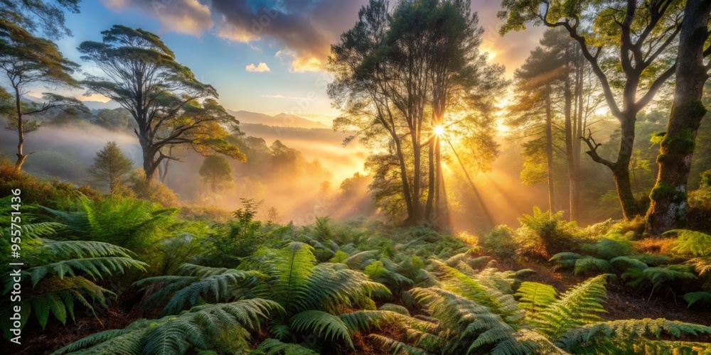 Misty dawn breaks over a lush forest, with ferns and moss-covered trees in the foreground, subtle golden light filters through the foliage, a realistic photo image. Misty dawn breaks over a lush forest, with ferns and moss-covered trees in the foreground, subtle golden light filters through the foliage, a realistic photo image.