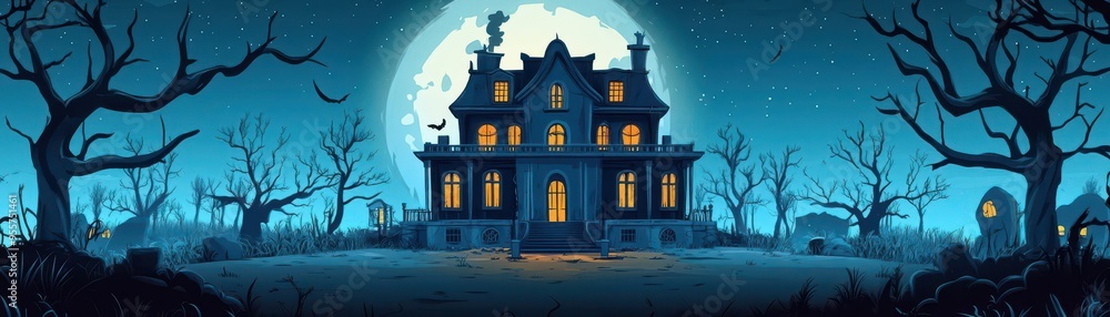 Eerie mansion in a ghostly moonlight, flat design, top view, spectral presence theme, cartoon drawing, Split-complementary color scheme Eerie mansion in a ghostly moonlight, flat design, top view, spectral presence theme, cartoon drawing, Split-complementary color scheme
