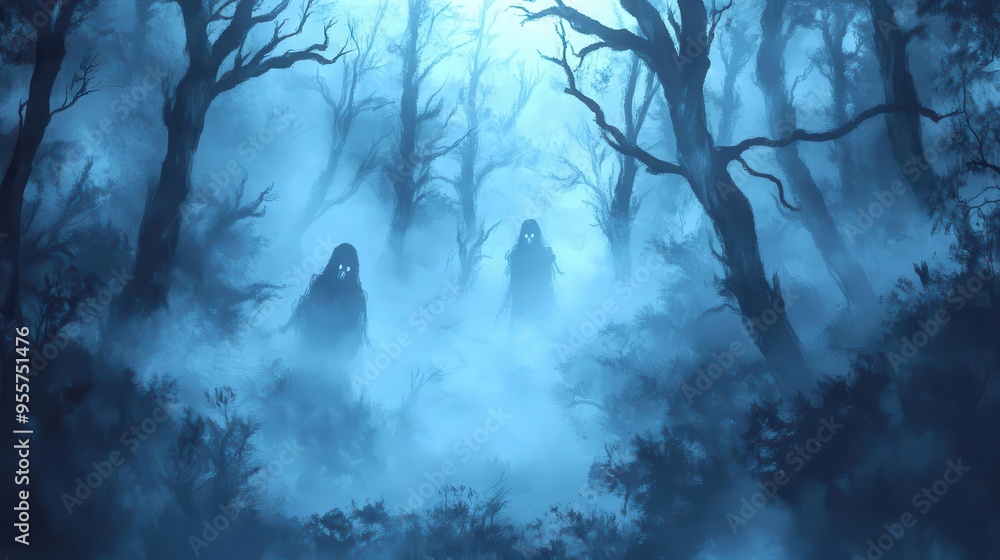 Eerie phantasms in a foggy forest at nightfall, flat design, top view, haunted grounds theme, water color, colored pastel Eerie phantasms in a foggy forest at nightfall, flat design, top view, haunted grounds theme, water color, colored pastel