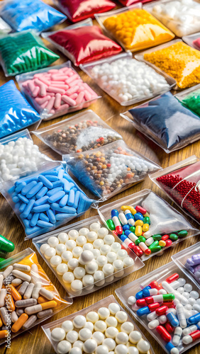 Powder drugs pressed in pills shape and packaged in to vacuum bags for transportation. Stash of Oxy, Meth, Fentanyl or synthetic opioid drugs, seized by police or security, illegal drugs trafficking.