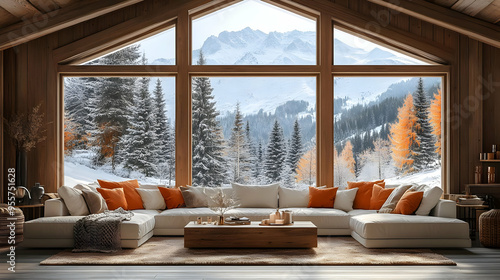 Cozy living room with mountain view in a winter setting. photo