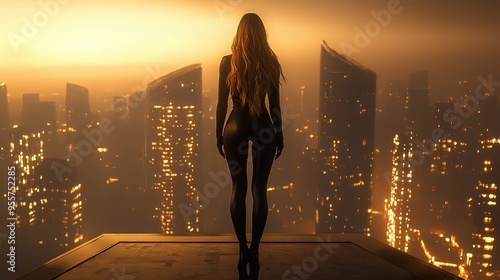 A woman in a sleek bodysuit stands on a ledge, overlooking a glowing futuristic city skyline enveloped in a golden, misty atmosphere. photo