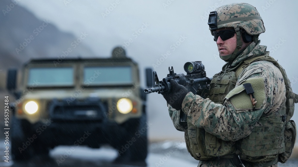 Fototapeta premium Military Soldier with Humvee in Foggy Landscape