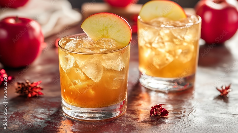 Two glass cocktails on a rustic table adorned with ice cubes, apple slices, and surrounded by fresh red apples. Two glass cocktails on a rustic table adorned with ice cubes, apple slices, and surrounded by fresh red apples.