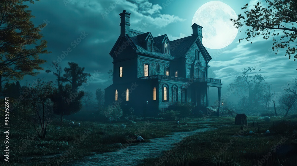 Spooky mansion with ghostly apparitions, flat design, side view, moonlit night theme, 3D render, Complementary Color Scheme Spooky mansion with ghostly apparitions, flat design, side view, moonlit night theme, 3D render, Complementary Color Scheme