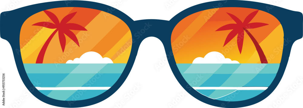An eye-catching, high-resolution illustration of a pair of retro-inspired sunglasses, with the lenses reflecting a stunning beach scene. An eye-catching, high-resolution illustration of a pair of retro-inspired sunglasses, with the lenses reflecting a stunning beach scene.