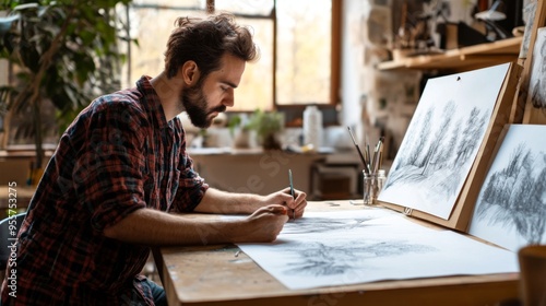 Focused Artist Sketching in a Creative Studio