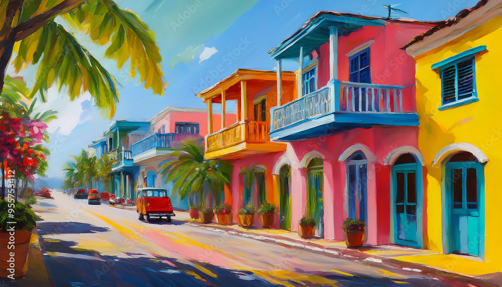 Fototapeta premium Colorful buildings on street in Boqueron, Puerto Rico. The beach town 