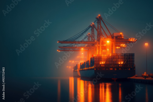 A misty harbor scene featuring illuminated shipping containers and cranes, creating a dramatic and industrial nighttime atmosphere.
