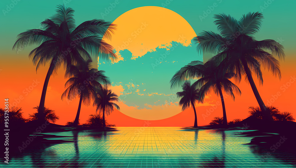 80s Retro Sunset with Palm Trees and Glitchy Digital Grid 80s Retro Sunset with Palm Trees and Glitchy Digital Grid