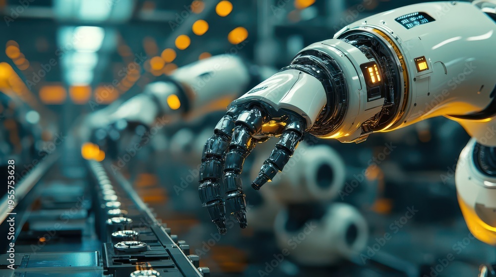 Automation with robotic arms performing tasks, futuristic style, sharp focus, bright lighting, high detail Automation with robotic arms performing tasks, futuristic style, sharp focus, bright lighting, high detail