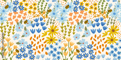 Seamless pattern with little wild meadow flowers, leaves and bees. Сolourful cute floral summer background. Can be used for wrapping, textile, print, banner, brochure, label, wallpaper, greeting card	