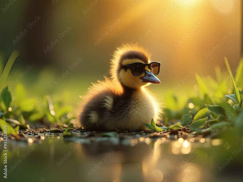 A little brown duck wearing quirky sunglasses sits quietly on a tranquil pond surrounded by birds and leaves, bathed in a warm orange glow as the sun sets behind it, a serene and magical scene A little brown duck wearing quirky sunglasses sits quietly on a tranquil pond surrounded by birds and leaves, bathed in a warm orange glow as the sun sets behind it, a serene and magical scene