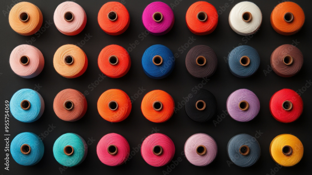 Fototapeta premium A vibrant display of colorful spools of thread arranged neatly, perfect for sewing enthusiasts and fabric artisans.