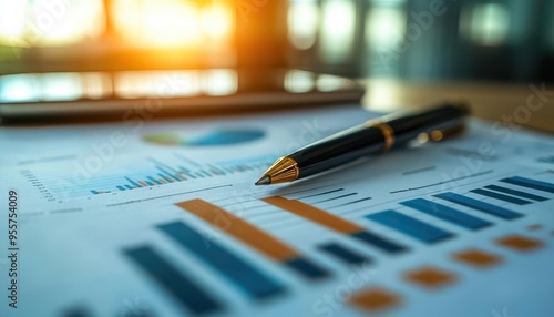 Business finance with charts and reports on a desk, organized style, sharp focus, bright lighting, high detail