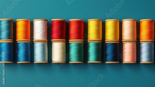 A vibrant collection of colorful sewing thread spools arranged neatly on a turquoise background, perfect for crafting and design.