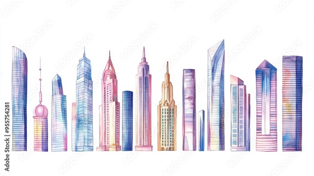 Skyscrapers collection. Watercolor illustrations set Skyscrapers collection. Watercolor illustrations set