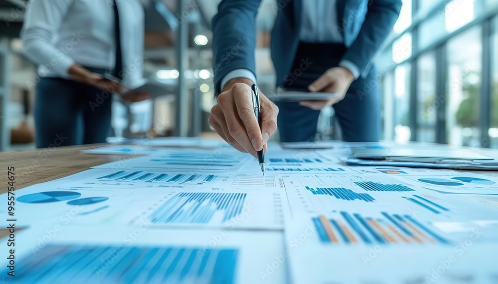 Business trends being analyzed by a team of experts, professional style, sharp focus, high detail Business trends being analyzed by a team of experts, professional style, sharp focus, high detail