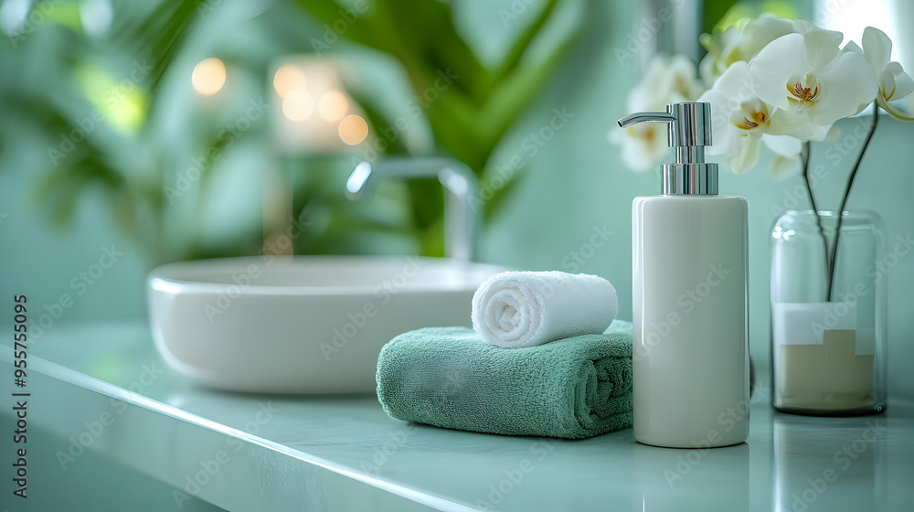 Elegant bathroom setup with towels and floral decor. Elegant bathroom setup with towels and floral decor.
