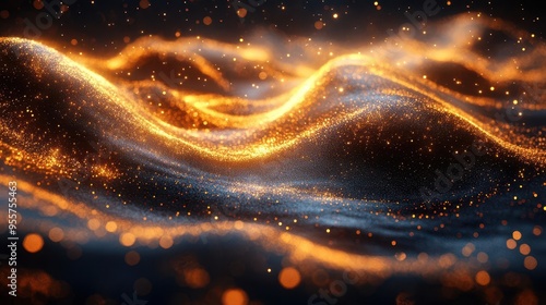 abstract visualization of gravitational waves shimmering gold threads in cosmic void 3d rendered scientific concept dark background ethereal glow